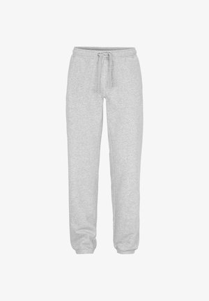 Grå bomuldsjoggingbukser med elastisk taljebånd og justerbar snøre, med tilspidsede ben og ribstrikkede manchetter ved anklerne.