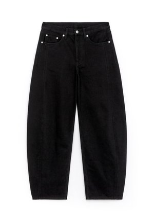 Black denim trousers with a loose fit, featuring five pockets, silver hardware, and a straight-leg design. Smooth texture and sturdy fabric.