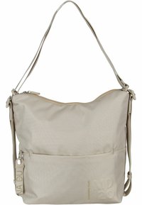 Borsa a spalla beige realizzata in tessuto strutturato. Presenta una chiusura con zip, tracolla regolabile e tasca anteriore con un'etichetta con il marchio.
