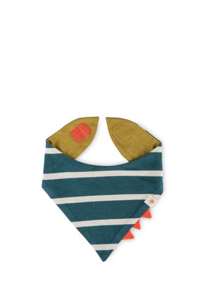 Striped blue and white baby bandana bib with olive green ear shapes and orange spikes, secured with Velcro fasteners.