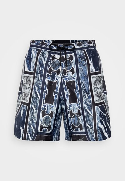 Shorts de bain pour homme, bleu marine avec un imprimé marbré abstrait, taille élastique, cordon de serrage et accents graphiques détaillés en bleu clair et gris.