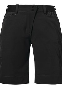 Schwarze Shorts aus glattem Stoff, mit zwei Fronttaschen, einem Knopfverschluss und einem breiten elastischen Bund sowie einem sauberen Saum.