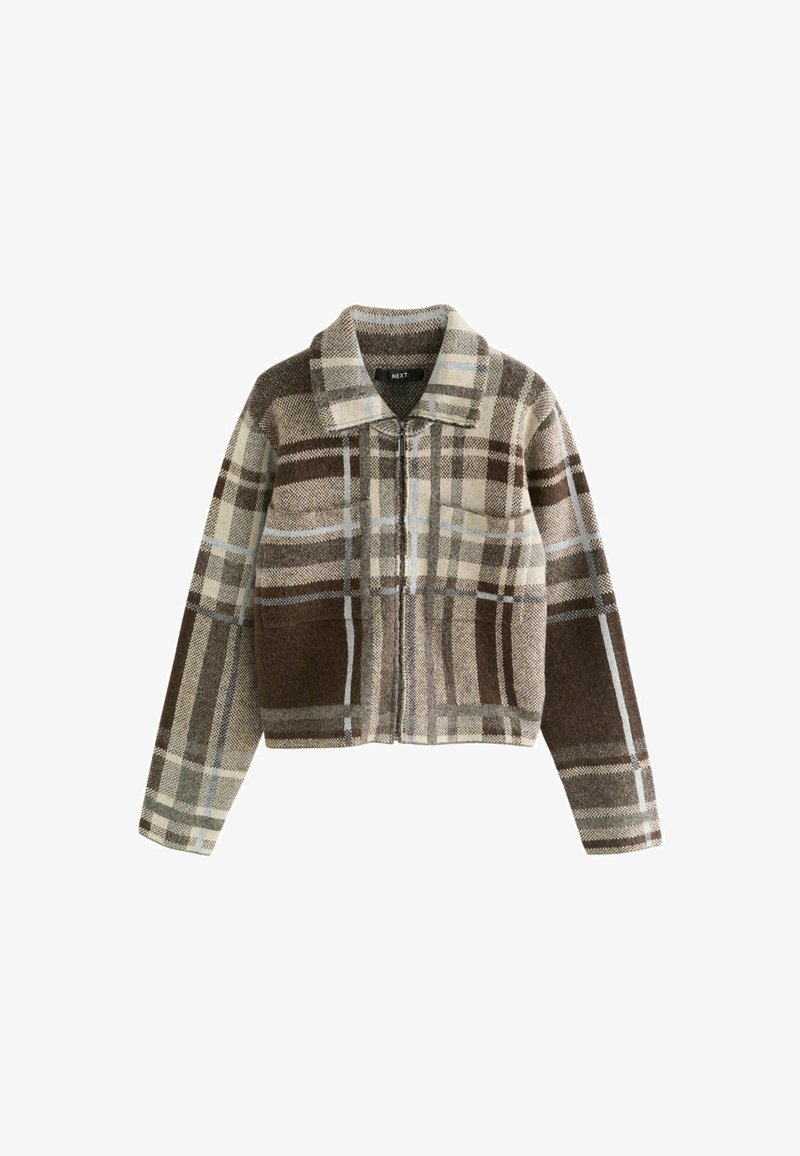 Cropped jacket in brown and cream plaid pattern, featuring a collared neckline, front zip closure, and two front pockets. Textured fabric.