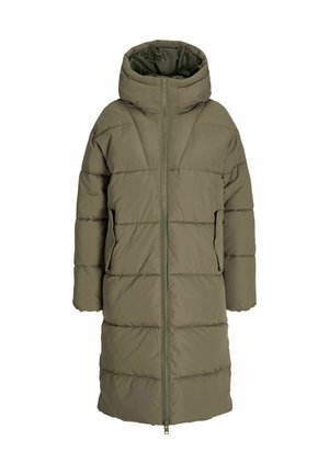 Olive green puffer coat with a hood, featuring a long design, zip front, and horizontal stitching. Side pockets included.