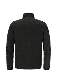 Schwarze, strukturierte Fleecejacke mit Stehkragen, langen Ärmeln und einem einheitlichen Muster auf der Rückseite.