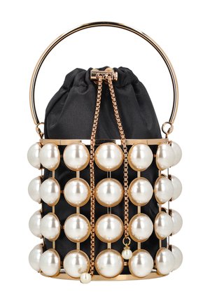 Fekete szövet vödörtáska arany kerettel, nagy műgyöngyökkel díszítve, arany láncos húzózsinór záródással, kör alakú arany fogantyúval.