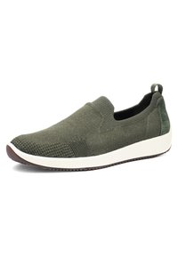 Olivegrüner Strick-Sneaker zum Hineinschlüpfen mit weißer Sohle, strukturierter Zehenpartie und Fersenlasche, seitlich dargestellt.