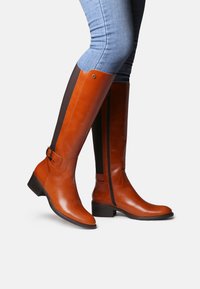 Bottes en cuir marron montantes avec une fermeture éclair à l'avant et des panneaux élastiques sur les côtés, dotées d'un talon bas et d'un détail en boucle sur le haut.