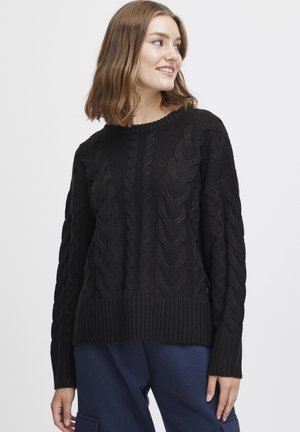 Black knitted sweater featuring a textured cable design, ribbed cuffs, and hem. The relaxed fit is complemented by a crew neckline.