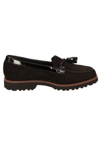 Schwarze Wildleder-Loafer mit einem glänzenden Lackleder-Akzent, ausgestattet mit einer dekorativen Schleife und einer strukturierten Gummisohle für besseren Halt.