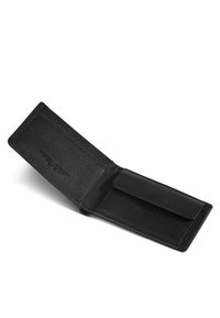 Portafoglio in pelle nera, design pieghevole con finitura texturizzata. Include una chiusura a patta sicura e un logo impresso all'interno.