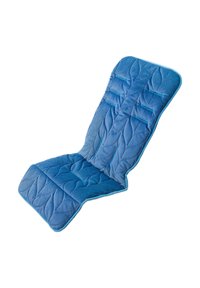 Niebieska pikowana poduszka siedzeniowa z wzorami liści, wyściełana dla komfortu. Posiada akcenty w postaci szwów oraz składany design, co ułatwia przechowywanie.