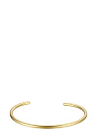 Zlati kovinski zapestnica, gladka površina, odprti konci, minimalističen oblik, okrogla oblika, enakomerno ukrivljena, s polirano teksturo.