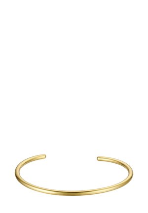 Gouden metalen manchetarmband, gladde afwerking, open uiteinden, minimalistisch ontwerp, ronde vorm, gelijkmatig gebogen, met een gepolijste textuur.