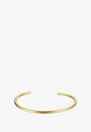 Zlati kovinski zapestnica, gladka površina, odprti konci, minimalističen oblik, okrogla oblika, enakomerno ukrivljena, s polirano teksturo.