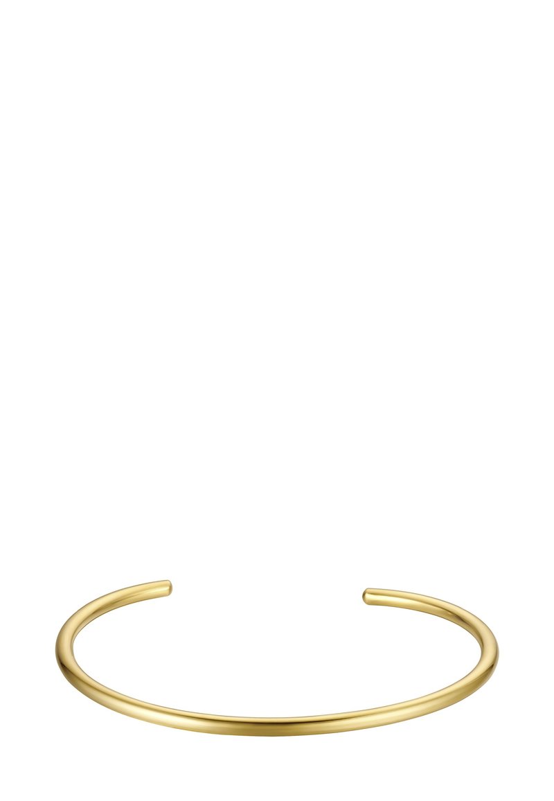 Zlati kovinski zapestnica, gladka površina, odprti konci, minimalističen oblik, okrogla oblika, enakomerno ukrivljena, s polirano teksturo.