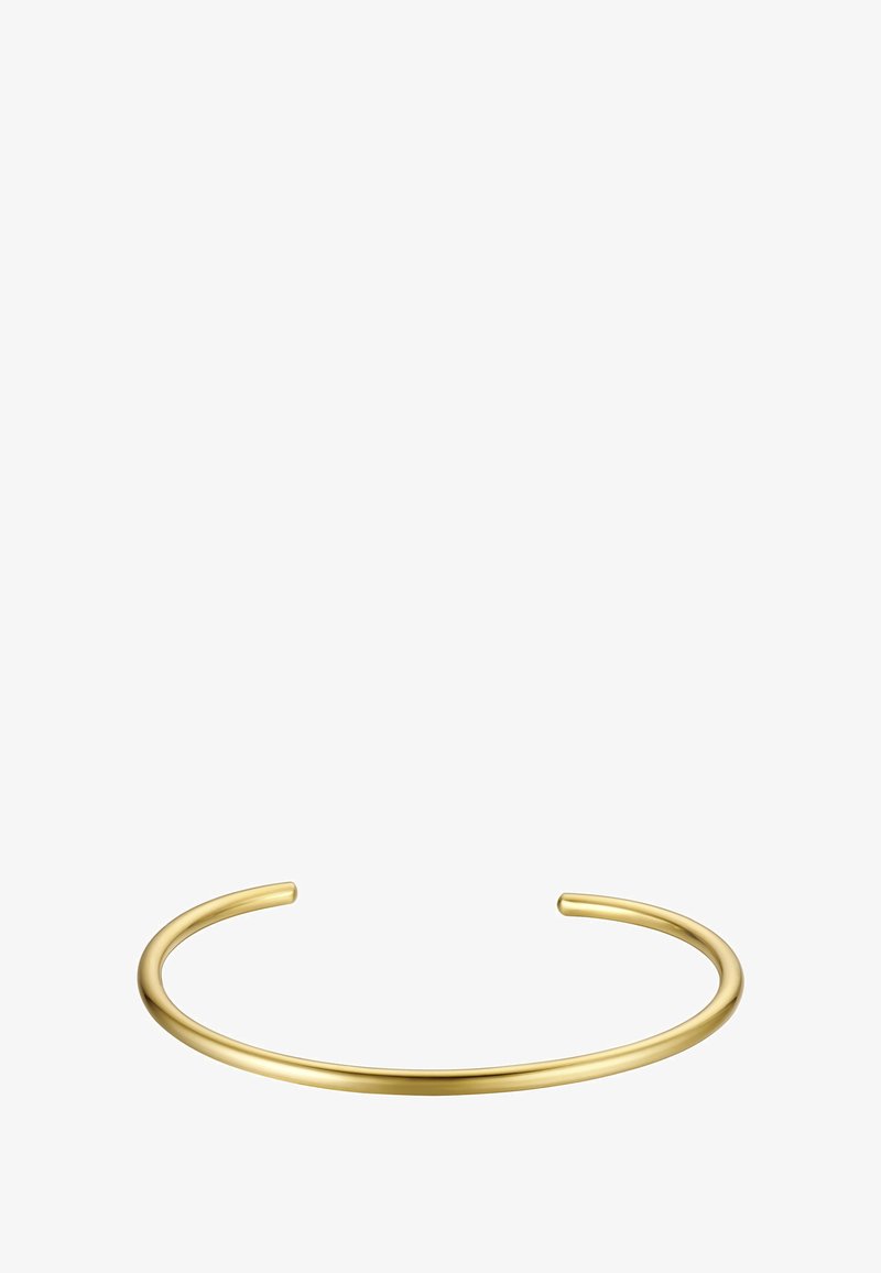 Zlati kovinski zapestnica, gladka površina, odprti konci, minimalističen oblik, okrogla oblika, enakomerno ukrivljena, s polirano teksturo.