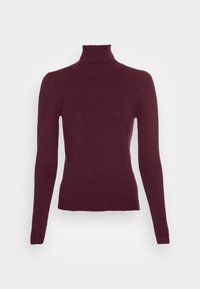 Burgundowy sweter z długim rękawem w dopasowanym kroju z golfem, z prą�żkowanym kołnierzem, mankietami i dołem na jednolitym jasnym tle.