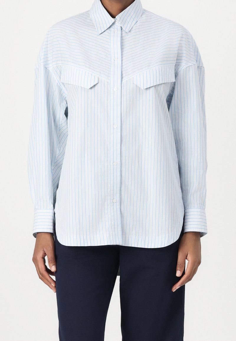 Ljusblå och vit randig knapplik skjorta med spetsig krage och bålfickor, bärs tillsammans med mörkblå byxor av en stående person.