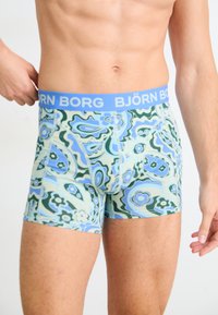 Μαultiχρωμα αντικείμενα μποξεράκια με σχέδιο, που διαθέτουν μπλε ελαστική μέση με κείμενο "BJÖRN BORG". Φτιαγμένα από μαλακό, ελαστικό υλικό, με λουλο�υδάτα σχέδια.