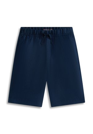 Mørkeblå, uformelle shorts med elastisk midjebånd, snor, sidelommer og en liten sydd merkelapp på innsiden av midjebåndet.