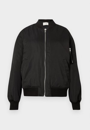 Black bomber jacket with a smooth finish, zip front, ribbed cuffs and hem, side pockets, and a zipped pocket on the left sleeve.