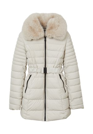 Giubbotto imbottito in avorio con colletto in pelliccia sintetica, vita con cintura e zip nere. Design trapuntato con tasche laterali per lo stoccaggio.