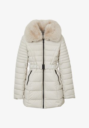 Giubbotto imbottito in avorio con colletto in pelliccia sintetica, vita con cintura e zip nere. Design trapuntato con tasche laterali per lo stoccaggio.