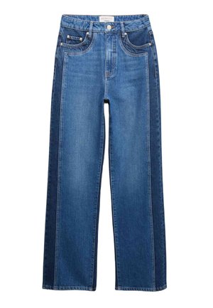 Niebieskie dżinsy o prostych nogawkach z ciemniejszymi panelami bocznymi, zapięciem na guzik i zamek z przodu, pięciokieszeniowym krojem oraz szlufkami na pasek.