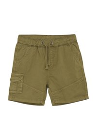 Olijfgroene katoenen shorts met een elastsiche tailleband, trekkoord, zijzakken en een cargozak aan de linker broekspijp. Bevat gestikte accenten.
