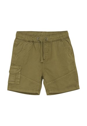 Olivgrön bomullsshorts med elastisk midja, dragsko, sidofickor och en cargoficka på vänster ben. Har stickade detaljer.