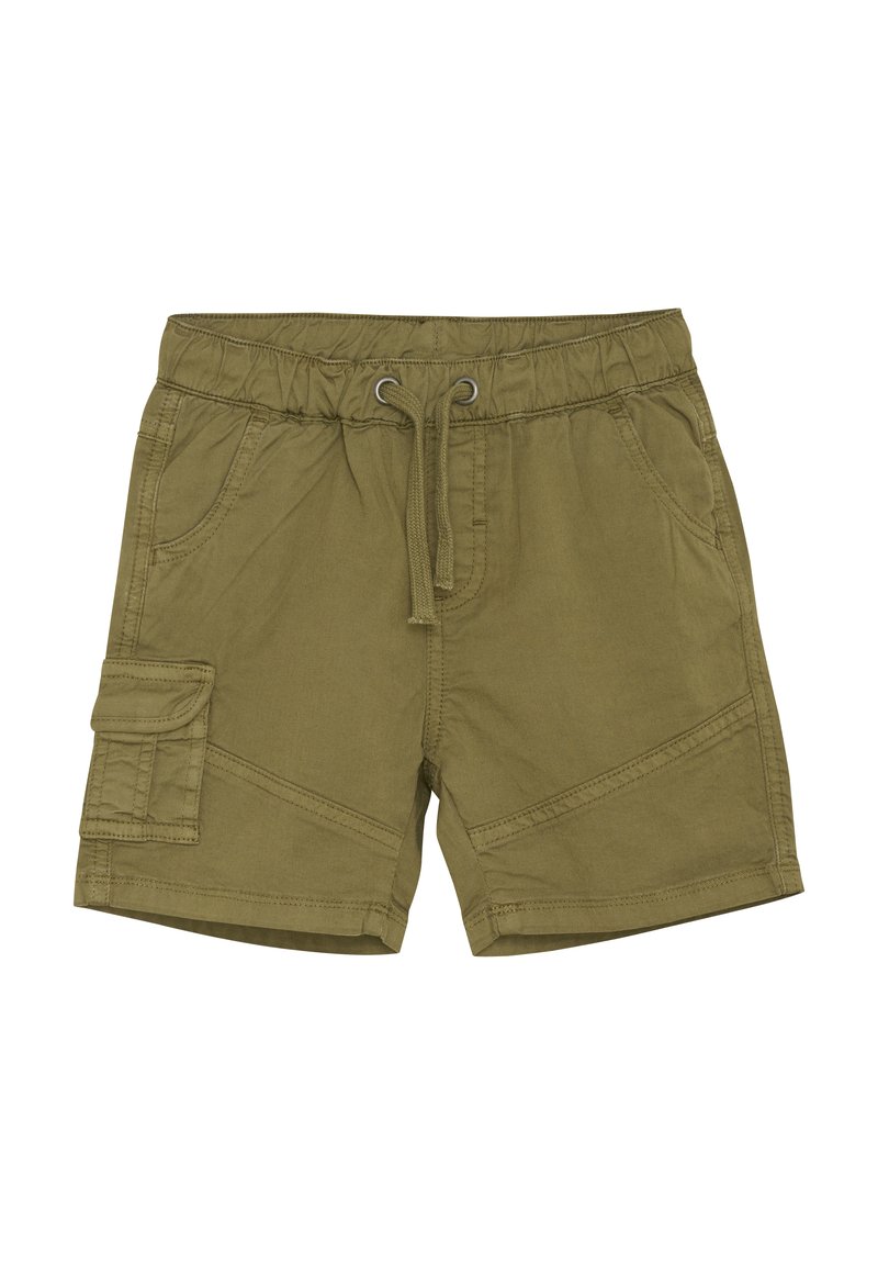 Olijfgroene katoenen shorts met een elastsiche tailleband, trekkoord, zijzakken en een cargozak aan de linker broekspijp. Bevat gestikte accenten.