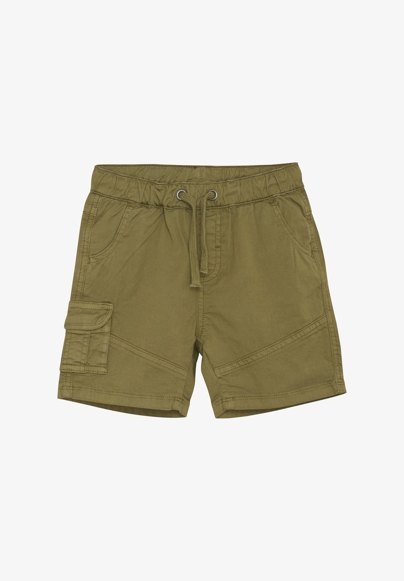 Olijfgroene katoenen shorts met een elastsiche tailleband, trekkoord, zijzakken en een cargozak aan de linker broekspijp. Bevat gestikte accenten.