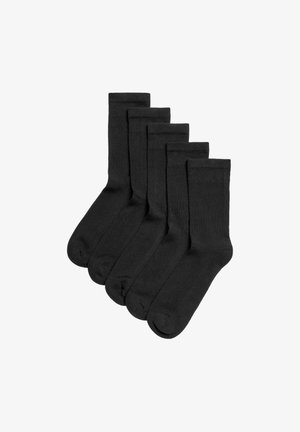 Fünf Paar schwarze Baumwollsocken mit glatter Textur, klassischer Crew-Länge und verstärkter Zehen- und Fersenpartie für mehr Haltbarkeit.