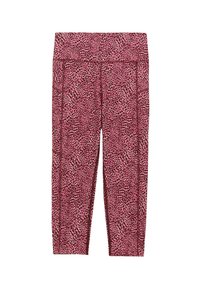 Capri leggings i et pink, sort og hvidt leopardprint mønster, med en bred talje og en glat stofstruktur.