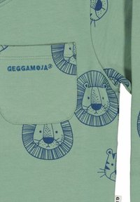 Mintgrön tygtröja med djupblå lionansikte tryck och ficka. Mjuk textur, rundad krage och korta ärmar. Märkeslogotyp på fickan.