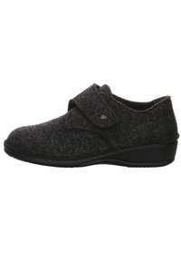 Dark grey felt slip-on shoes with a rounded toe, Velcro strap, and a black rubber sole. Simple design with soft textured finish.