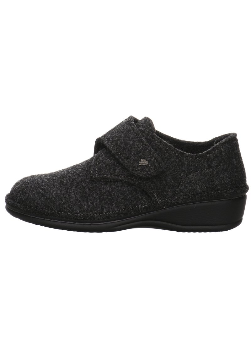 Dark grey felt slip-on shoes with a rounded toe, Velcro strap, and a black rubber sole. Simple design with soft textured finish.