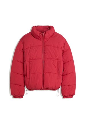 Rote Daunenjacke mit Frontreißverschluss, hohem Kragen, seitlichen Taschen, elastischen Bündchen und verstellbaren Kordeln am Saum.