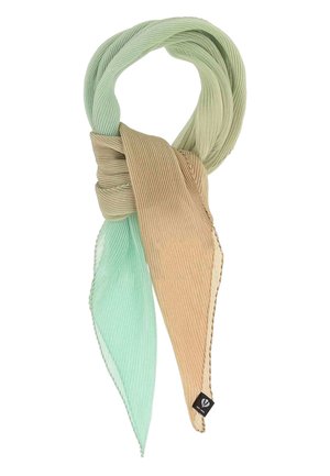 Hellgrüner und beige plissierter Schal, der zu einer Schleife gebunden ist, mit einem kleinen schwarzen Markenetikett am beigen Ende.