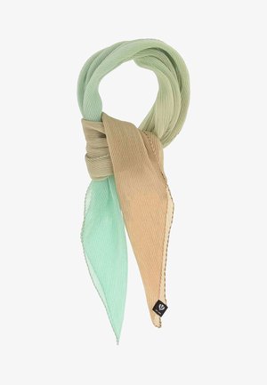 Light green and beige pleated scarf tied in a loop with a small black branded tag on the beige end.
