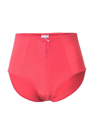 Hochgeschnittene rosa Unterwäsche aus glattem Stoff, mit Spitzenverzierungen an der Vorderseite, gepunktetem Muster und einem kleinen Schleifenakzent.