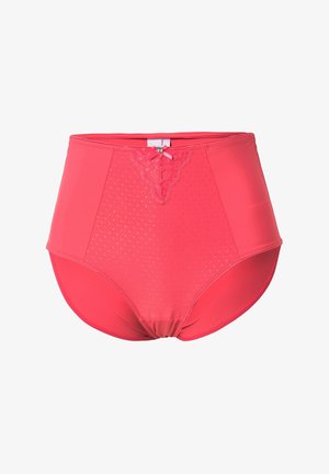 Różowe majtki z wysokim stanem wykonane z gładkiego materiału, z koronkowymi detalami z przodu, w kropki oraz z małą kokardką jako akcentem.
