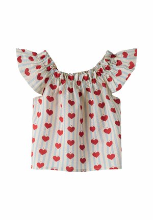 Dziecięcy top typu off-shoulder z falbanką przy dekolcie, w niebiesko-białe paski i czerwone wzory serc na całej powierzchni.