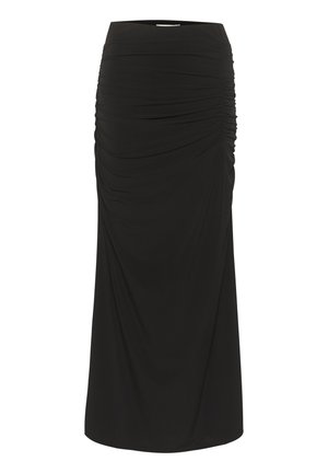Black high-waist long skirt with gathered fabric details on one side and a fitted silhouette.