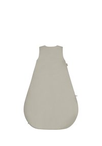 Hellgrauer Schlafsack mit ärmellosem Design, weicher Textur, Tropfenform und seitlichem Reißverschluss für einfachen Zugang.
