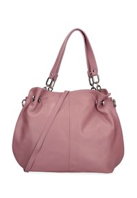 Różowa skórzana torebka o gładkiej fakturze, z podwójnymi paskami na ramię i metalowymi akcentami; charakteryzuje się plisowanym designem u góry oraz regulowanym paskiem na ramię.