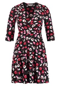 Black wrap dress featuring three-quarter sleeves, a floral pattern in red, pink, and white, with a fitted waist and flared skirt.