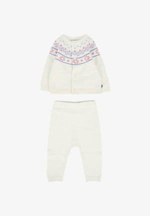 Kremowy zestaw sweterka i spodni dla niemowląt, z wzorzystym karczkiem w odcieniach różu i niebieskiego. Miękka dzianina z zapięciem na guziki.