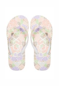 Blomsterdesignet klipklapper i pastelfarver som pink, grøn og lilla, med hvide stropper og et hjerte-logo detaljeret på fodsengen.